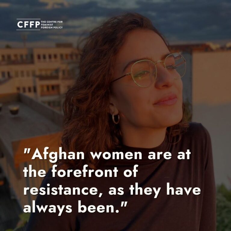 Image of Ariane Alam, a member of the CFFP Team, gazing towards the horizon with the backdrop of a golden sunset, evoking a sense of hope. At the bottom of the image, in white text, the quote reads: 'Afghan women are at the forefront of resistance, as they have always been.' In the upper left corner, the white CFFP logo is visible.
