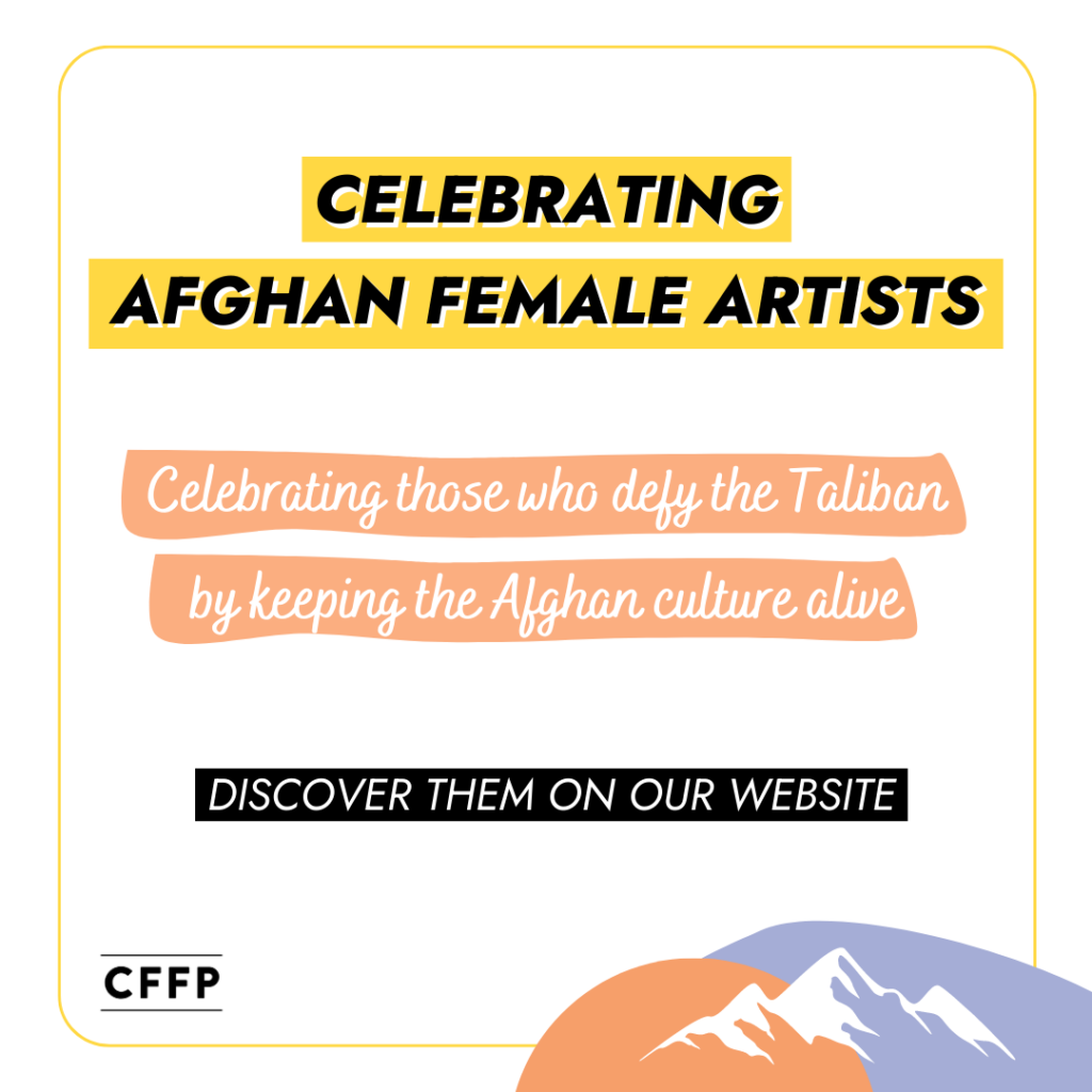Title slide for the publication the list 'Celebrating Afghan Female Artists'. The main title 'Celebrating Afghan Female Artists' is in bold letters. Sub-text reads 'Celebrating those who defy the Taliban by keeping the Afghan culture alive. Now on our website.' The design features a representation of white mountains on a backdrop of lilac and peach colours, reminiscent of the Afghan landscape and the project's theme colours. The CFFP Logo appears at the bottom of the slide.