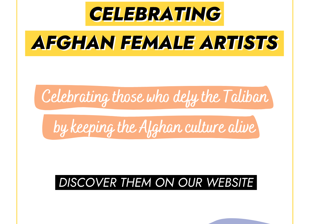Title slide for the publication the list 'Celebrating Afghan Female Artists'. The main title 'Celebrating Afghan Female Artists' is in bold letters. Sub-text reads 'Celebrating those who defy the Taliban by keeping the Afghan culture alive. Now on our website.' The design features a representation of white mountains on a backdrop of lilac and peach colours, reminiscent of the Afghan landscape and the project's theme colours. The CFFP Logo appears at the bottom of the slide.
